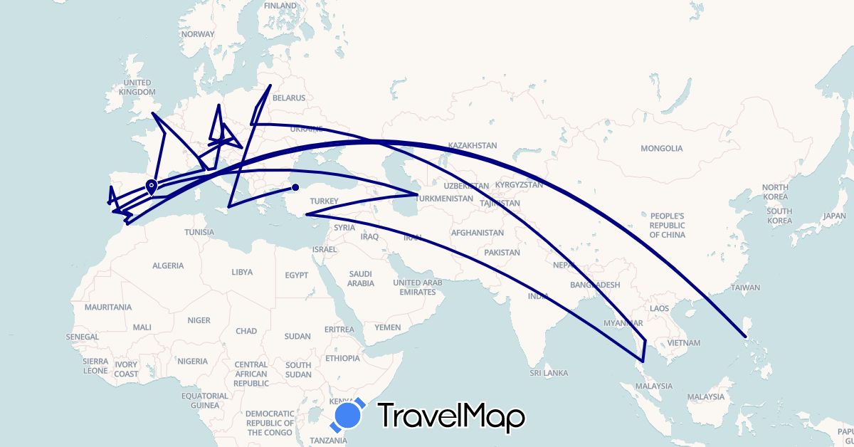 TravelMap itinerary: driving in Austria, Czech Republic, Germany, Spain, France, United Kingdom, Gibraltar, Hungary, Italy, Lithuania, Morocco, Philippines, Poland, Portugal, Thailand, Turkmenistan, Turkey (Africa, Asia, Europe)